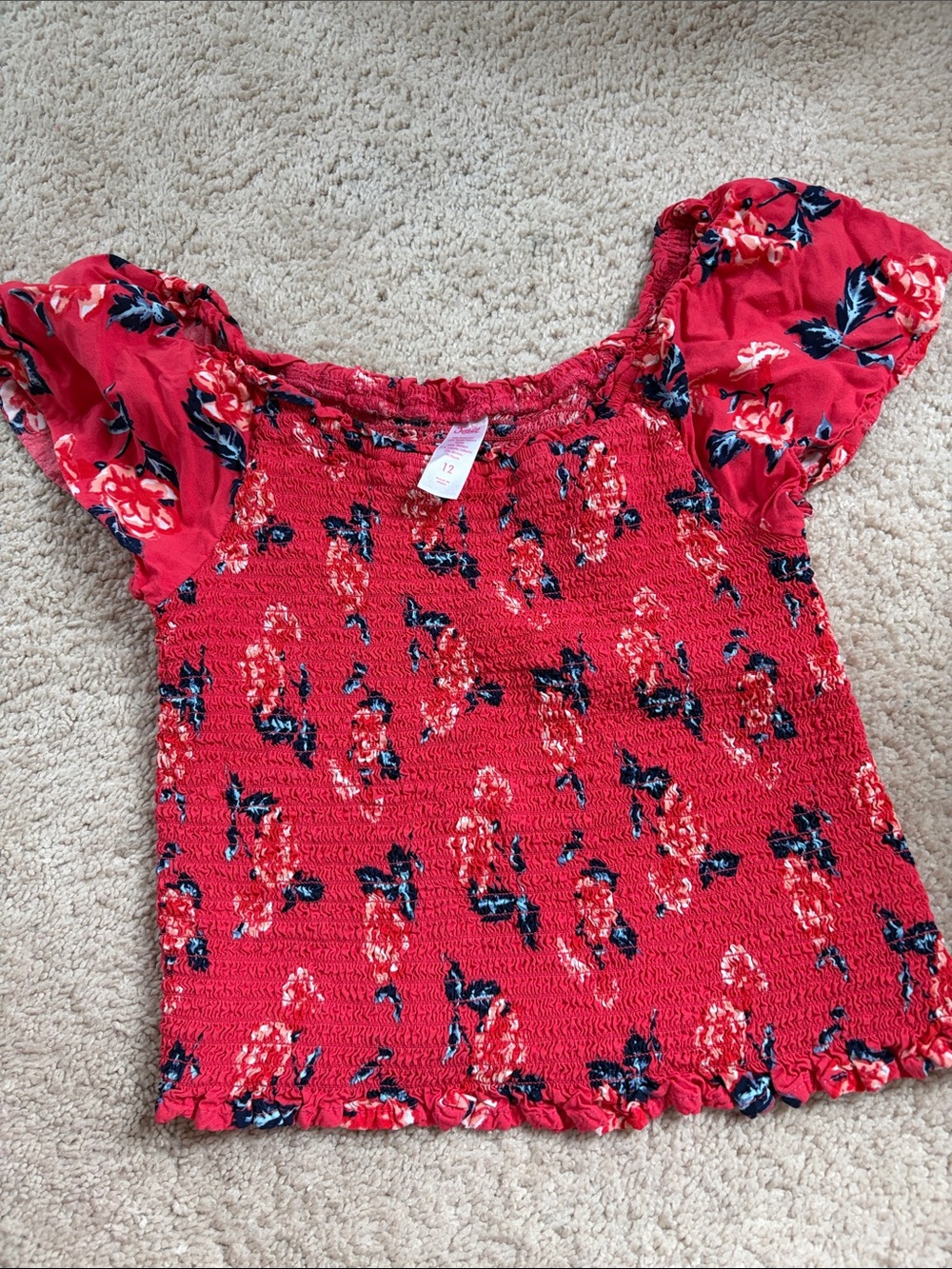Justice Red Floral Smocked Short Sleeve Top